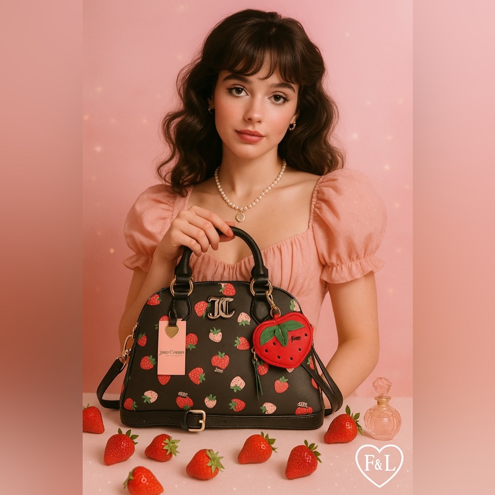 Juicy Couture Sweet N Juicy Strawberry Bowler Bag Black Pink Print NWT